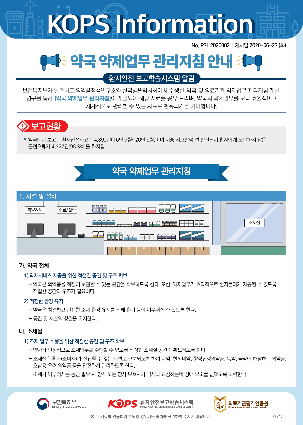 B KOPS Information| No. PSI_2020002 | 게시일 2020-06-23 (화)1 약국 약제업무 관리지침 안내 11환자안전 보고학습시스템 알림 보건복지부가 발주하고 의약품정책연구소와 한국병원약사회에서 수행한 약국 및 의료기관 약제업무 관리지침 개발 연구를 통해 [약국 약제업무 관리지침이 개발되어 해당 자료를 공유 드리며, 약국의 약제업무를 보다 효율적이고| 체계적으로 관리할 수 있는 자료로 활용되기를 기대합니다.보고현황 일전에약국에서 보고된 환자안전사고는 4,390건(16년 7월~20년 5월)이며 이중 사고발생 전 발견되어 환자에게 도달하지 않은 근접오류가 4,227건(96.3%)을 차지함.정상을16년 7월 20년약국 약제업무 관리지침1. 시설 및 설비복약지도수납/접수조제실|||||||그가. 약국 전체 1) 약제서비스 제공을 위한 적절한 공간 및 구조 확보 - 약국은 의약품을 적절히 보관할 수 있는 공간을 확보하도록 한다. 또한, 약제업무가 효과적으로 환자들에게 제공될 수 있도록 적절한 공간과 구조가 필요하다.2) 적정한 환경 유지- 약국은 청결하고 안전한 조제 환경 유지를 위해 환기 등이 이루어질 수 있도록 한다. - 공간 및 시설의 청결을 유지한다.나. 조제실 1) 조제 업무 수행을 위한 적절한 공간 및 구조 확보 - 약사가 안정적으로 조제업무를 수행할 수 있도록 적정한 조제실 공간이 확보되도록 한다. - 조제실은 환자(소비자)가 진입할 수 없는 시설로 구분되도록 하여 마약, 한외마약, 향정신성의약품, 독약, 극약에 해당하는 의약품,오남용 우려 의약품 등을 안전하게 관리하도록 한다. - 조제가 이루어지는 동안 필요 시 환자 또는 환자 보호자가 약사와 교감하는데 장애 요소를 없애도록 노력한다.이 보건복지부보건복지부KOPS 환자안전보고학습시스템환자안전보고학습시스템B 의료기관평가인증원KOI HA의료기관평가인증원Ministry of Health and WelfareKOREA PATIENT SAFETY REPORTING & LEARNING SYSTEMKorea Institute for Healthcare Accreditation※ 위 자료를 인용하여 보도할 경우에는 출처를 표기하여 주시기 바랍니다.(1/4)