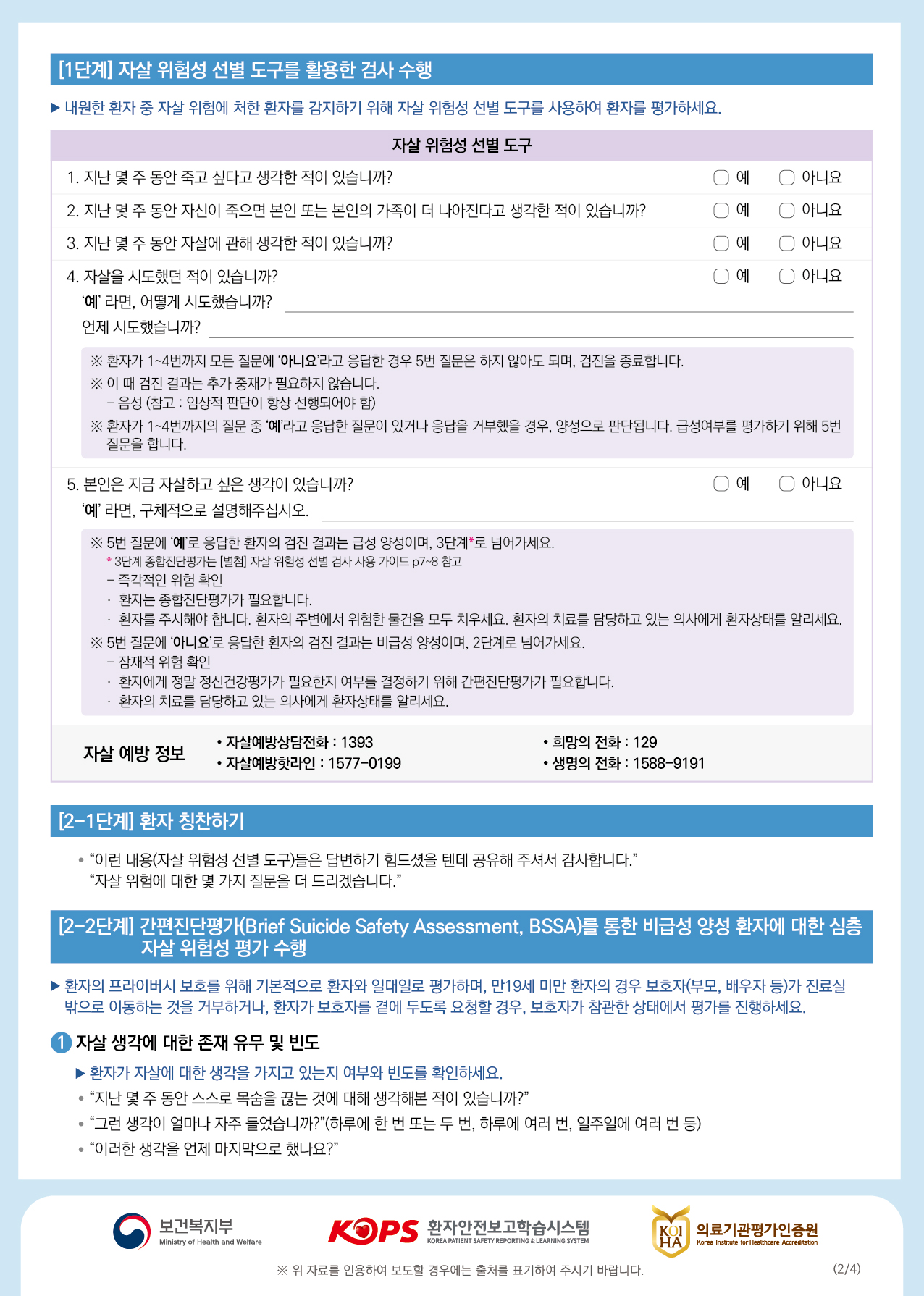 [1단계] 자살 위험성 선별 도구를 활용한 검사 수행▶ 내원한 환자 중 자살 위험에 처한 환자를 감지하기 위해 자살 위험성 선별 도구를 사용하여 환자를 평가하세요.| 자살 위험성 선별 도구 1. 지난 몇 주 동안 죽고 싶다고 생각한 적이 있습니까?2. 지난 몇 주 동안 자신이 죽으면 본인 또는 본인의 가족이 더 나아진다고 생각한 적이 있습니까?0 예 이 아니요 0예 0 아니요 0예 아니요 이예 이 아니요3. 지난 몇 주 동안 자살에 관해 생각한 적이 있습니까?4. 자살을 시도했던 적이 있습니까? 예라면, 어떻게 시도했습니까? 언제 시도했습니까?※ 환자가 1~4번까지 모든 질문에 아니요라고 응답한 경우 5번 질문은 하지 않아도 되며, 검진을 종료합니다. ※ 이 때 검진 결과는 추가 중재가 필요하지 않습니다. | - 음성 (참고 : 임상적 판단이 항상 선행되어야 함) ※ 환자가 1~4번까지의 질문 중 예라고 응답한 질문이 있거나 응답을 거부했을 경우, 양성으로 판단됩니다. 급성여부를 평가하기 위해 5번 | 질문을 합니다.0예 0 아니요5. 본인은 지금 자살하고 싶은 생각이 있습니까? 예 라면, 구체적으로 설명해주십시오.※ 5번 질문에 예로 응답한 환자의 검진 결과는 급성 양성이며, 3단계로 넘어가세요. * 3단계 종합진단평가는 [별첨] 자살 위험성 선별 검사 사용 가이드 p7~8 참고- 즉각적인 위험 확인 1. 환자는 종합진단평가가 필요합니다.· 환자를 주시해야 합니다. 환자의 주변에서 위험한 물건을 모두 치우세요. 환자의 치료를 담당하고 있는 의사에게 환자상태를 알리세요. ※ 5번 질문에 아니요로 응답한 환자의 검진 결과는 비급성 양성이며, 2단계로 넘어가세요.- 잠재적 위험 확인 · 환자에게 정말 정신건강평가가 필요한지 여부를 결정하기 위해 간편진단평가가 필요합니다. · 환자의 치료를 담당하고 있는 의사에게 환자상태를 알리세요.자살 예방 정보| · 자살예방상담전화 : 1393 • 자살예방핫라인 : 1577-0199• 희망의 전화 : 129 • 생명의 전화 : 1588-9191[2-1단계] 환자 칭찬하기• “이런 내용(자살 위험성 선별 도구)들은 답변하기 힘드셨을 텐데 공유해 주셔서 감사합니다.” “자살 위험에 대한 몇 가지 질문을 더 드리겠습니다."[2-2단계] 간편진단평가(Brief Suicide Safety Assessment, BSSA)를 통한 비급성 양성 환자에 대한 심층자살 위험성 평가 수행▶ 환자의 프라이버시 보호를 위해 기본적으로 환자와 일대일로 평가하며, 만19세 미만 환자의 경우 보호자(부모, 배우자 등)가 진료실 밖으로 이동하는 것을 거부하거나, 환자가 보호자를 곁에 두도록 요청할 경우, 보호자가 참관한 상태에서 평가를 진행하세요.(1 자살 생각에 대한 존재 유무 및 빈도▶ 환자가 자살에 대한 생각을 가지고 있는지 여부와 빈도를 확인하세요. • “지난 몇 주 동안 스스로 목숨을 끊는 것에 대해 생각해본 적이 있습니까?" • "그런 생각이 얼마나 자주 들었습니까?" (하루에 한 번 또는 두 번, 하루에 여러 번, 일주일에 여러 번 등) • “이러한 생각을 언제 마지막으로 했나요?"보건복지부환자안전보고학습시스템KOLL 의료기관평가인증원 HAMinistry of Health and WelfareKOREA PATIENT SAFETY REPORTING & LEARNING SYSTEMKorea Institute for Healthcare Accreditation※ 위 자료를 인용하여 보도할 경우에는 출처를 표기하여 주시기 바랍니다.(2/4)
